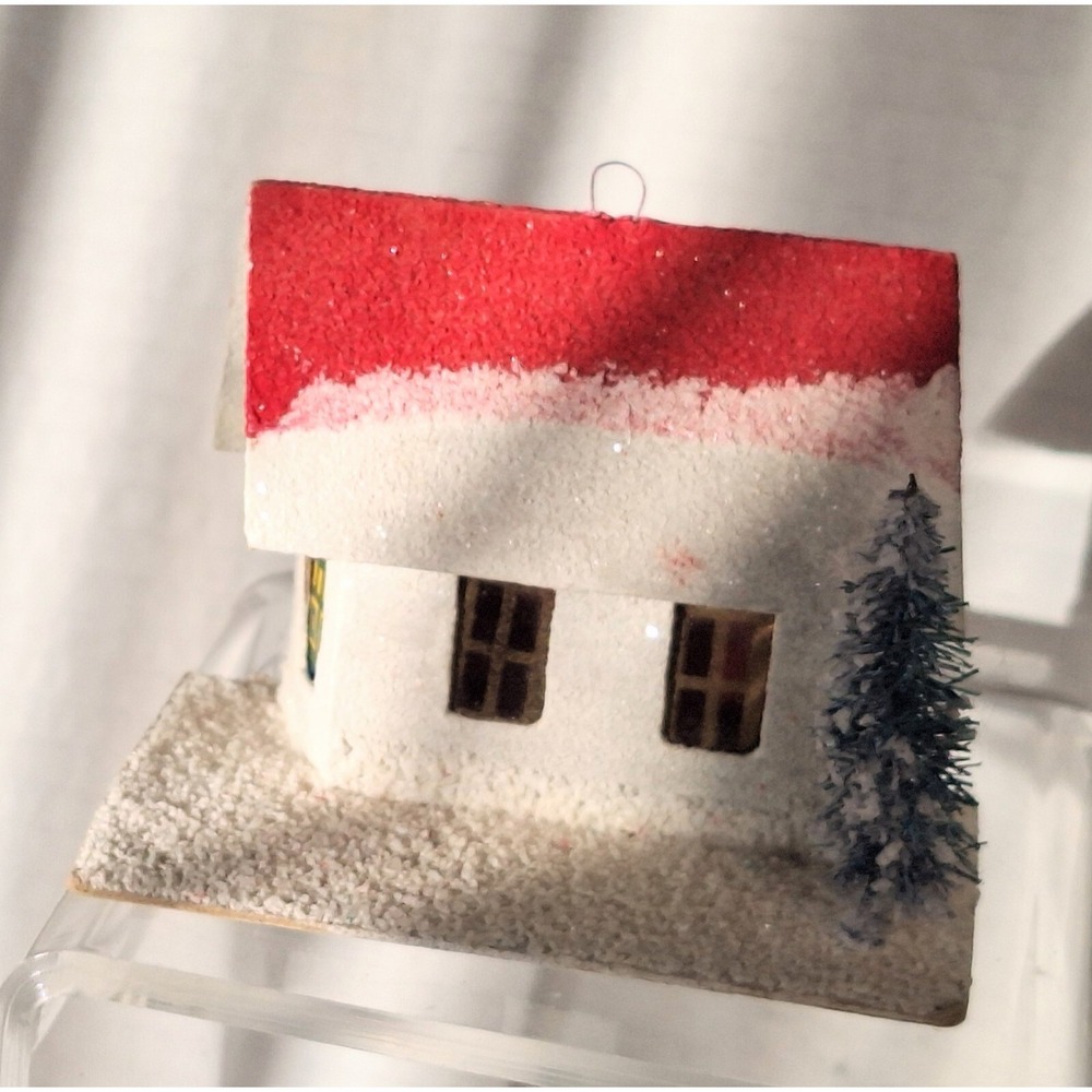 vintage Japan putz mica house bottle brush‎ tree white with red roof ornament